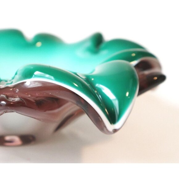 Murano Cased Glass Bowl Green White Ashtray Mid Century Art Glass - Picture 3 of 7